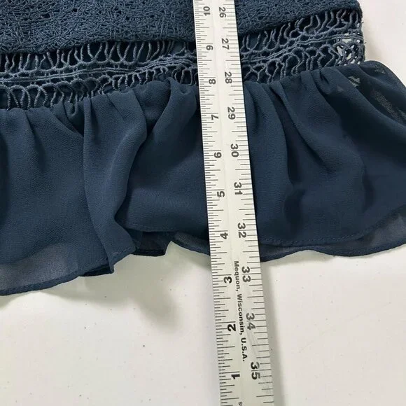 Tularosa Mini Dress Size M Navy Blue Lace Ruffle Trim Lined Elbow Sleeve Zip - Picture 14 of 14